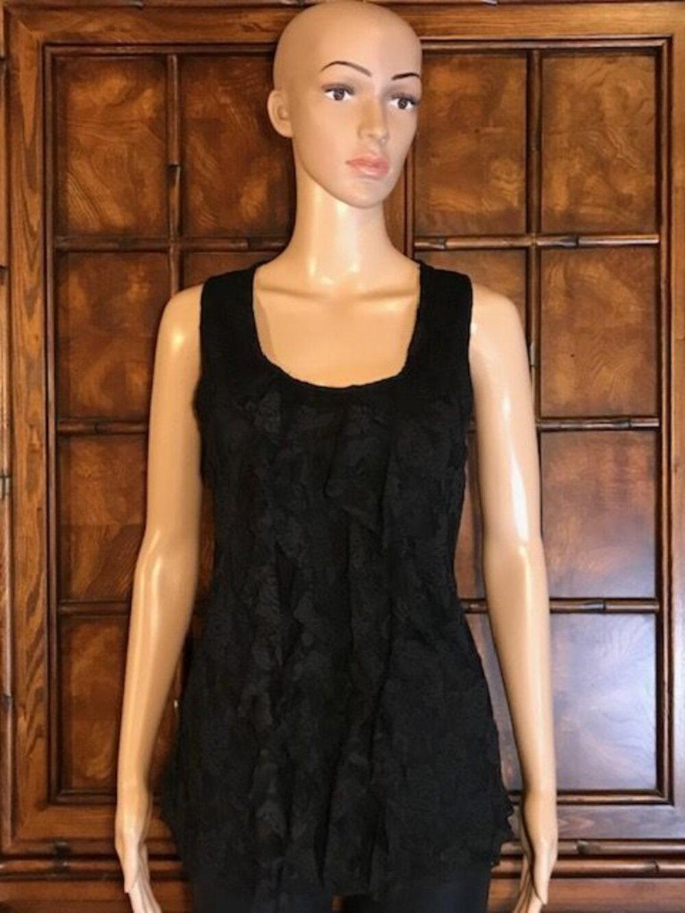 Black Lace Ruffle Cascade Stretch Sleeveless Top